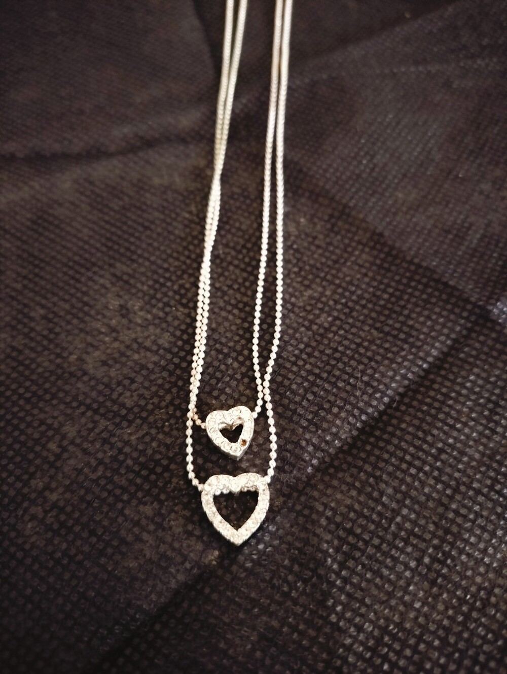 Vintage Avon Silvertone Double-Strand Rhinestone Double Heart Necklace Signed